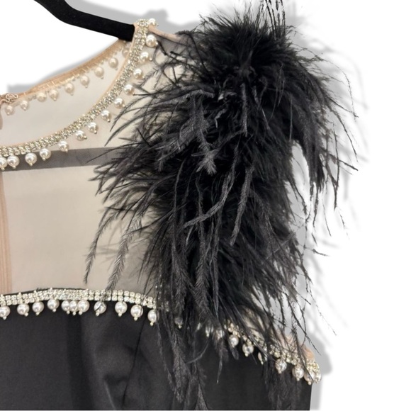 Mac Duggal Black Feather Cap Sleeve Pearl Embellished Midi Tea-length Dress | 2 - Picture 9 of 12